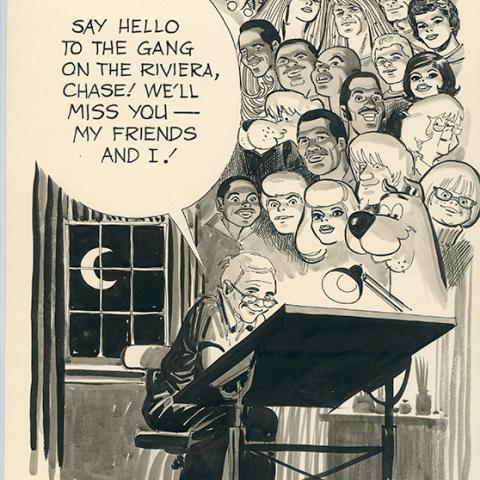 Cartoon illustration by Dan Spiegle from Chase Craig’s retirement scrapbook, 1975, Chase Craig Collection, Box 37.