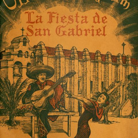 Official Program, La Fiesta de San Gabriel, 1940 featuring an illustration of a dancer and guitarist in front of the Mission San Gabriel