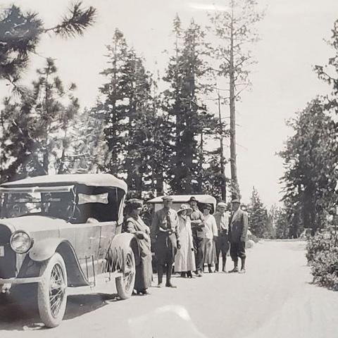 Johnson family standing on Emerald Bay Road, 1922, Johnson Family Echo Lake Photograph Collection