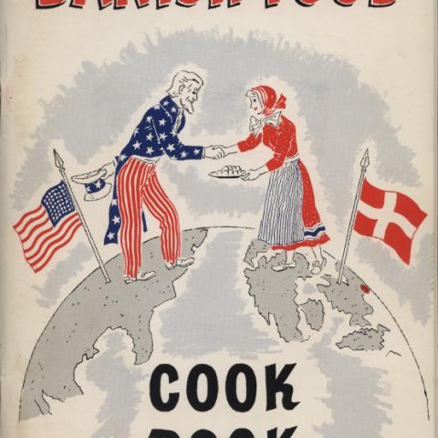 Cover of Danish Food Cook Book, 1960 feature a cartoon of a Swedish cook and Uncle Sam
