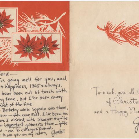 Holiday card sent to Vahdah Olcott-Bickford by Juan Parra