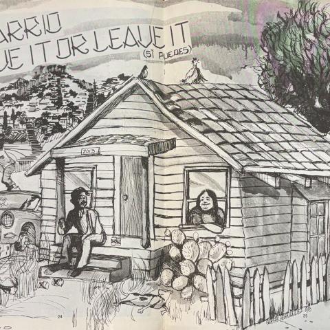 Drawing of a barrio with the phrase LOVE IT OR LEAVE IT