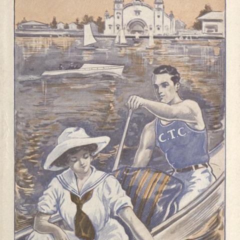 Brochure for Coronado's Tent City with illustration of a woman being rowed across water in a canoe