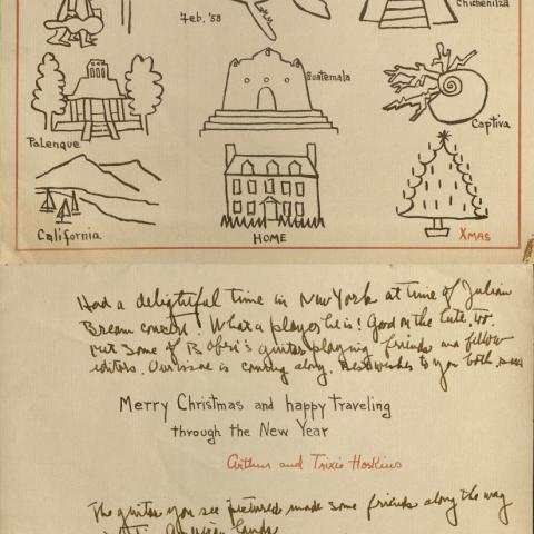 Holiday card sent to Vahdah Olcott-Bickford by Arthur and Trixie Hoskins