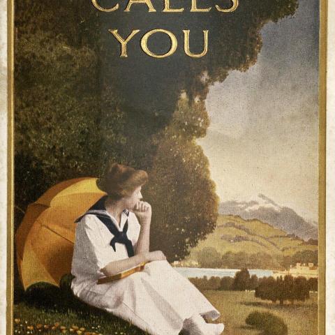 California Calls You, published by the Union Pacific Railroad, with illustration of a woman sitting on a sunny hillside reading