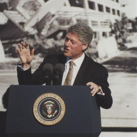 President Bill Clinton speaks at CSUN on the first anniversary of the 1994 Northridge Earthquake, January 15, 1995