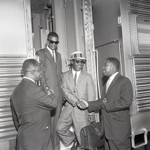 California Christian Leadership Conference members greeting student sit-in leaders, Los Angeles. 1960, Charles Williams, 09.CW.N45.B15.1888C