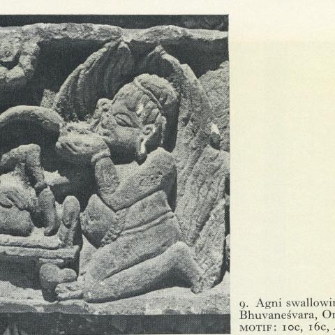 Image of a stone carving, Agni Swallowing the seed of Śiva. Bhuvanesvara, Orissa. Eighth century 