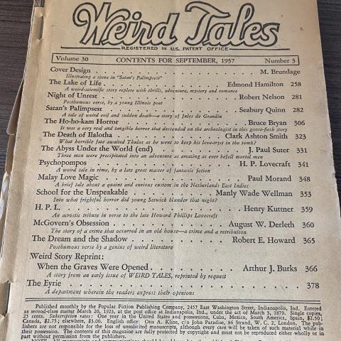 Title page and contents of Weird Tales Volume 30, Number 3 featuring "Satan's Palimpsest"