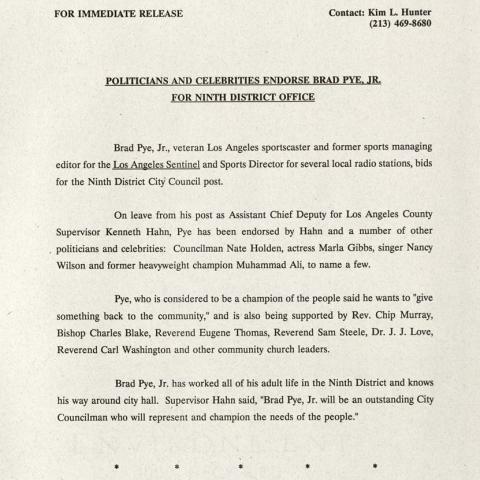 Press release, Politicians and Celebrities Endorse Brad Pye, Jr. for Ninth District Office."