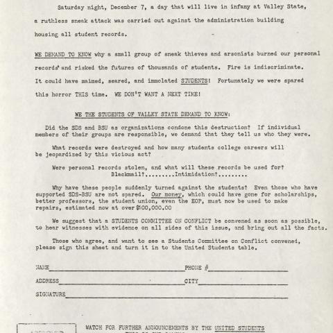 Student flyer regarding arson in Administration Building, December 1968