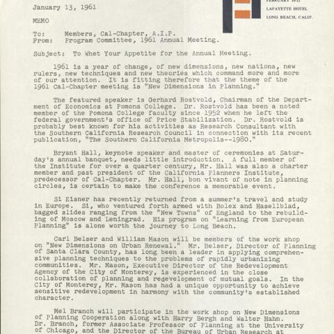 American Institute of Planners California Chapter Program Committee Memo, 1961
