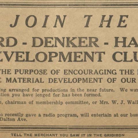 Harvard-Denker-Halldale Development Club advertisement, The Gridiron, volume 1, number 1, page 2, December 17, 1926
