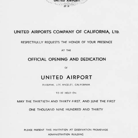 Opening Day Ceremonies invitation for United Airport, 1930