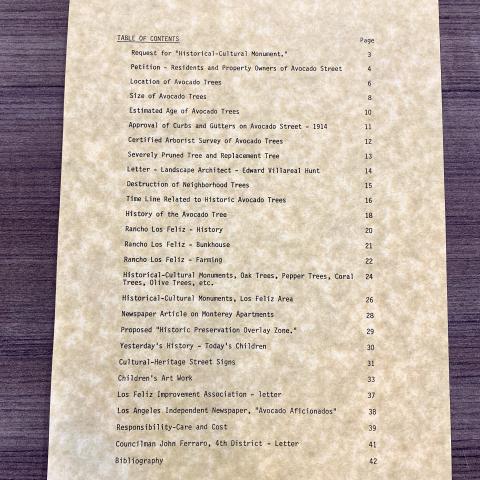 Table of Contents from the Historic Avocado Trees Binder 