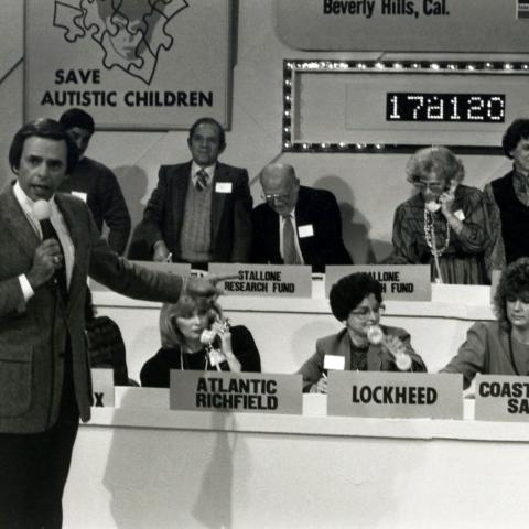 Volunteers work the phones representing multiple businesses and non-profit organizations during the Save Autistic Children telethon, circa 1978.