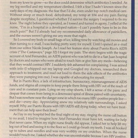 Letter from the Editor about AIDS care in Puerto Rico, Poz Magazine, 2008. RC607 .A26 P69