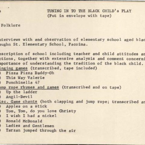 Title card from Spring 1969 student, Hilda Lerner’s, study entitled “Tuning in to the Black Child’s Play,” URB.BLH, Box 18, Folder 32. 