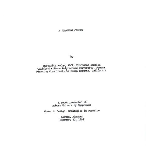  Cover page of McCoy’s paper presentation titled “Women in Design: Strategies in Practice” presented at Auburn University Symposium, 1993. Box 23, folder 4.