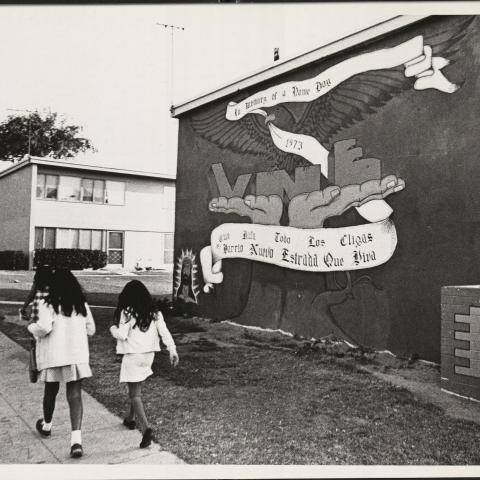 Estrada Courts Chicano Murals:  In Memory of a Home Boy by Daniel Martinez , 1973, photograph by Fitzgerald Whitney, Frank del Olmo Collection