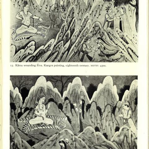 Two Kangra paintings featured in the book: Kama wounding Śiva, eighteenth century; Rati begs Siva to revive Kama, eighteenth century