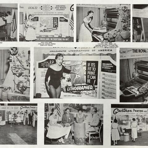 A collage of images from the Amalgamated Lithographers Exhibit Display at the 1956 Union Products and Services Show