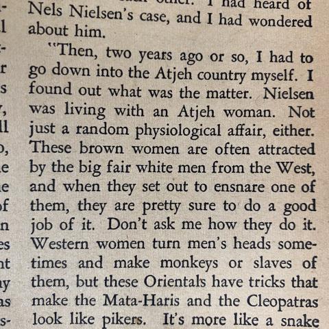Excerpt from “Malay Love Magic” from Weird Tales Volume 30 Number 3. Notice the fetishization of women of color. What impact might this language have had on the way 1930s readers saw people of color?