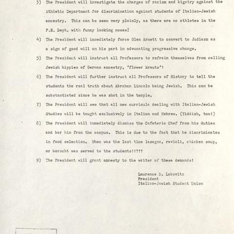 Parody of BSU Demands issued by SFVSC students sympathetic to the College Administration