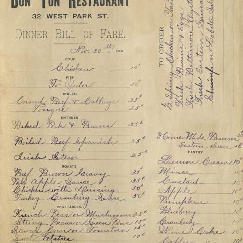 Bon Ton Restaurant Thanksgiving Dinner Menu, 1893