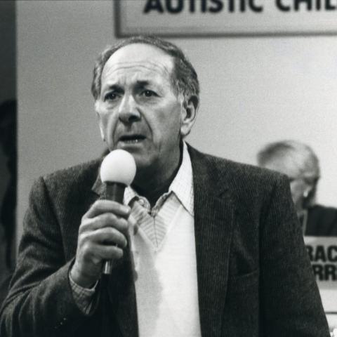 Actor Jack Klugman addresses the audience to help raise money during the Save Autistic Children Telethon, circa 1978.