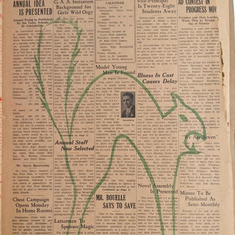Van Nuys Mirror front page with Halloween cat graphic, October 24, 1930, Van Nuys High School Newspaper Collection