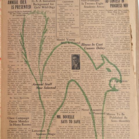 Van Nuys Mirror front page with Halloween cat graphic, October 24, 1930, Van Nuys High School Newspaper Collection