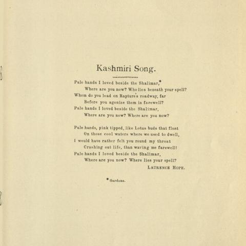 Lyrics for “Kashmiri Song” by Laurence Hope, 1903, Library of the Institute for the Study of Women in Music Collection