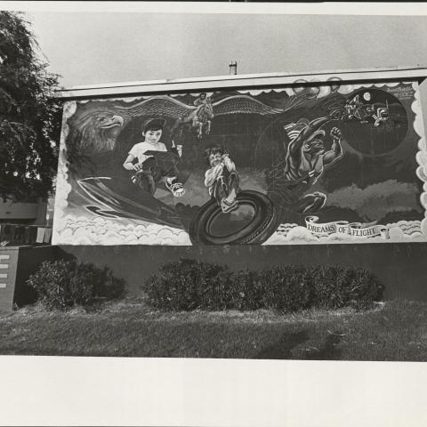 Estrada Courts Chicano Murals: Dreams of Flight by David Botello, 1973, photograph by Fitzgerald Whitney, Frank del Olmo Collection