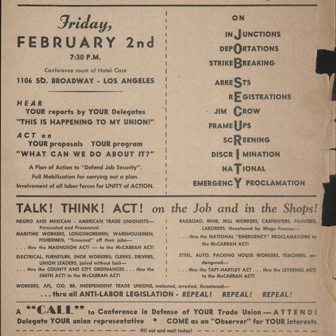 Trade Union defense Flier, circa 1950. Los Angeles County Federation of Labor Collection
