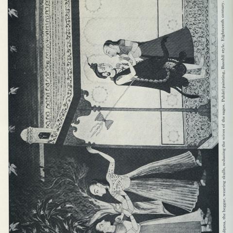 Image of Pahari painting: Śiva as Bhiksatana, the beggar, wearing skulls, seducing the wives of the sages. 