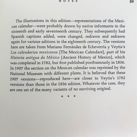 Note explaining the book's illustrations are from Los calendarios mexicanos by Mariano Fernández de Echeverría y Veytia