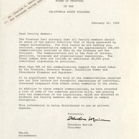 Letter from College Board of Trustees to all Faculty, February 20, 1969