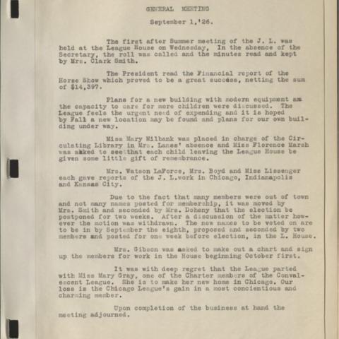 1926 general meeting minutes summarizing the success of a horse show fundraiser