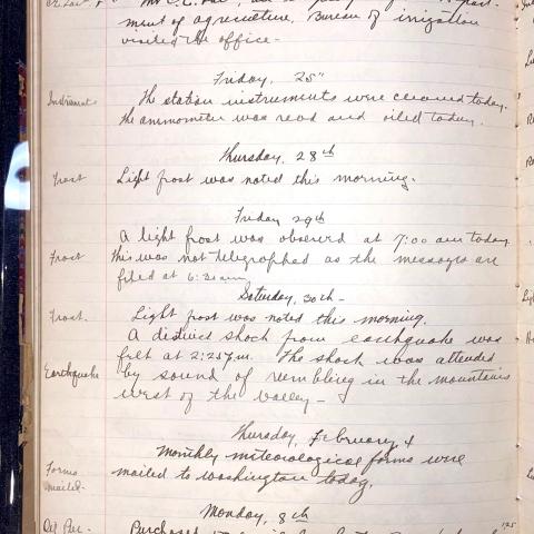 Entry in the Brawley California Weather Station Logbook noting an earthquake, SC.BWSL  