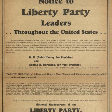 Announcement that Andrae B. Nordskog would begin his speaking tour as Liberty Party nominee for Vice President of the United States, The Gridiron, volume 6, number 23, page 4, November 17, 1931