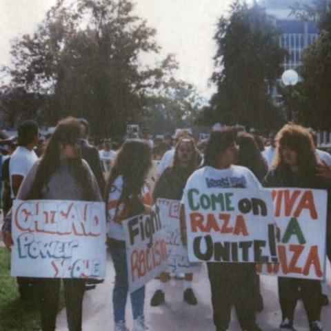 Raza Unite protest advising the Chicana/o community to unite about the concerns within their community and their campuses. Rodolfo F. Acuna Collection