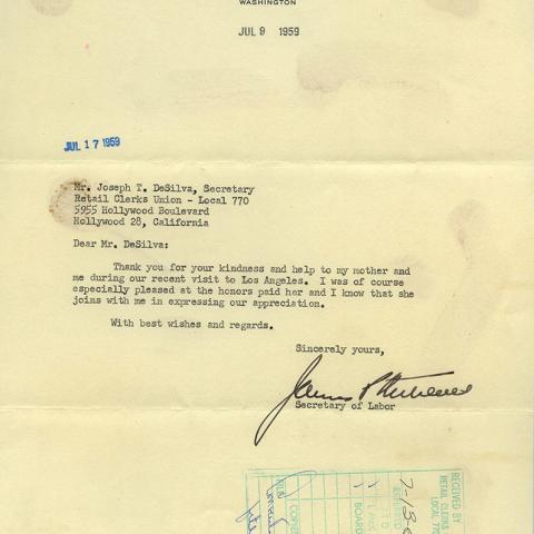 Letter from the U.S. Department of Labor to Joseph DeSilva of the Retail Clerks Union