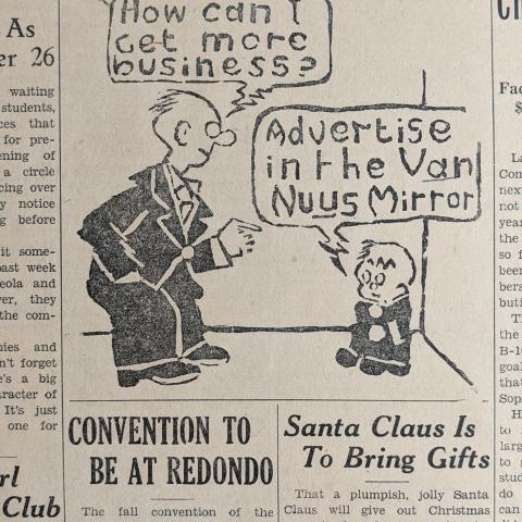 Cartoon encouraging advertising in the Van Nuys Mirror, Van Nuys Mirror, November 6, 1930, Van Nuys High School Newspaper Collection