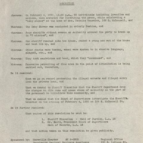Resolution regarding a community complaint against a police officer during a baby shower in Los Angeles, circa 1950. Los Angeles County Federation of Labor Collection