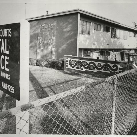 Estrada Courts Chicano Murals:  Aztec God, 1973, photograph by Fitzgerald Whitney, Frank del Olmo Collection