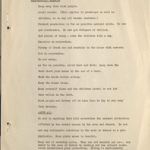 "Prophylactic Methods of Infantile Paralysis (Poliomyelitis)" by George Parrish, M.D. Bulletin No. 1, 1934, Los Angeles Department of Health Bulletin Collection.