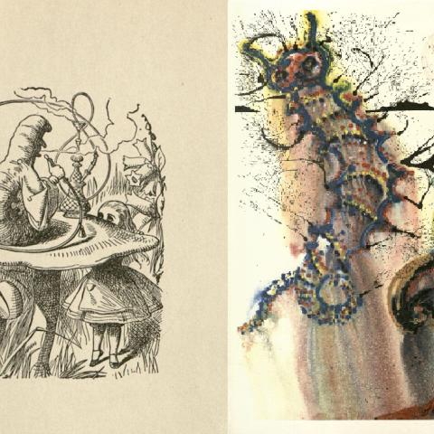 Side-by-side, John Tenniel and Salvador Dalí’s drawing from chapter 5, Advice from a Caterpillar in Alice‘s Adventures in Wonderland
