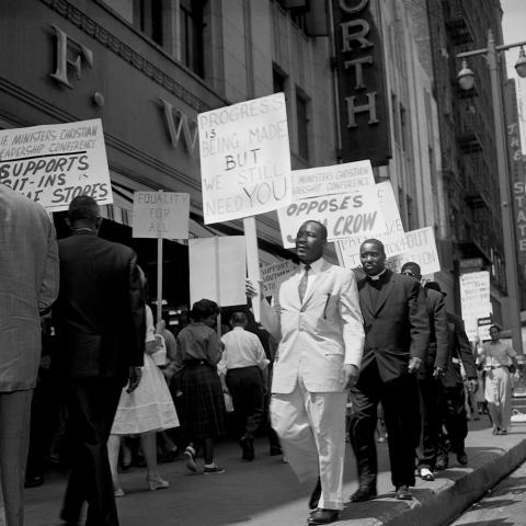 Dr. Martin Luther King Jr. leading a protest at a Woolworth store, Los Angeles. 1960, Charles Williams, 09.CW.N45.01.08A
