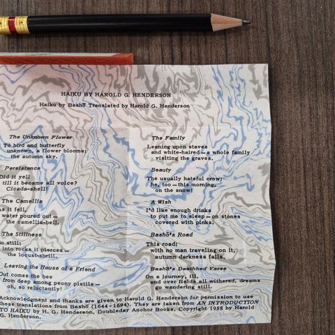 Haiku translated by Harold G. Henderson, in Haiku Broadsides, PS593.H3 H34 1967